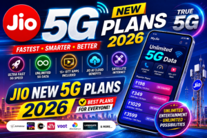 Jio New 5G Plans 2026 banner with unlimited data, recharge plans ₹198 ₹349 ₹459 ₹1029 ₹3599 and AI benefits